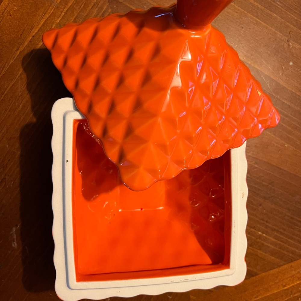 West Elm Trinket Candy Dish with lid ~Orange Colored with a Diamond Pattern - Picture 2 of 3
